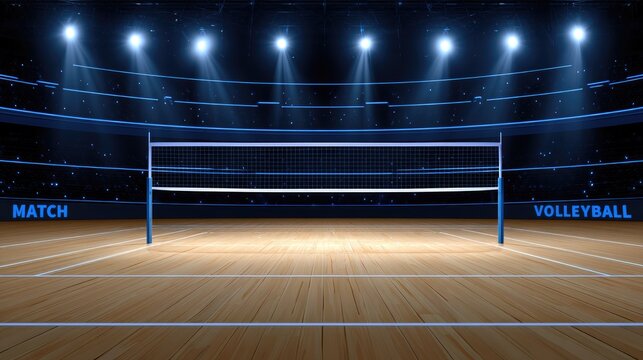 Empty brightly lit indoor volleyball court with net and stadium seating