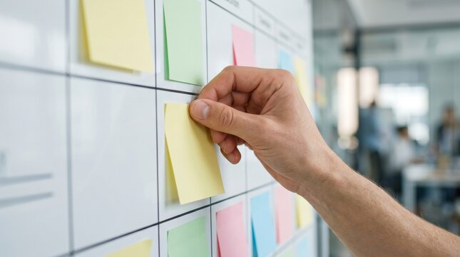 Close-up of a business professional's hand placing a yellow sticky note on a grid whiteboard, symbolizing project planning, task management, and collaborative workflow in an agile office environment