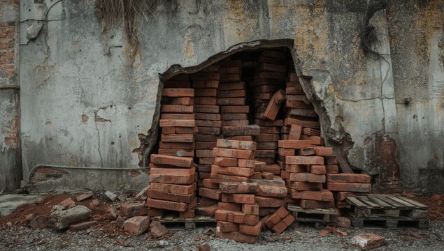 Old construction wall broken down leaving damp moldy bricks piled on pallets