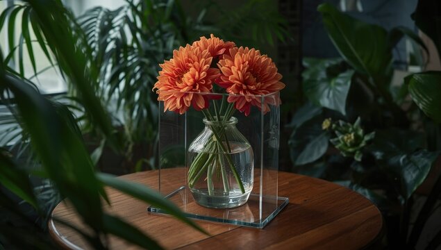 Rectangular glass picture frame on wooden table with a vase of bright flowers and surrounding houseplants