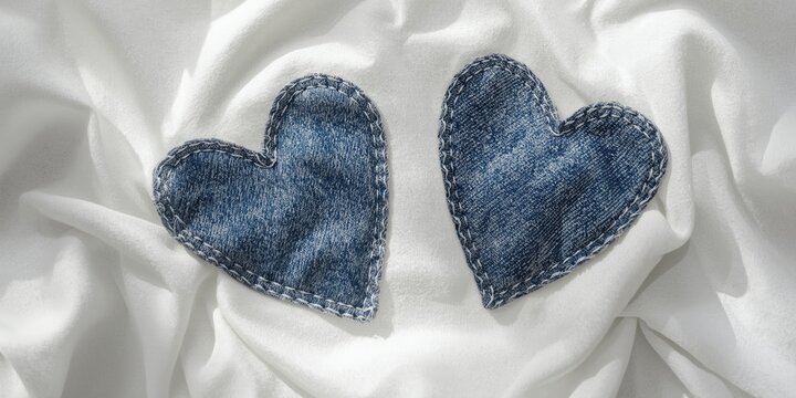 pair of heart shaped denim appliques on white textile with copy space