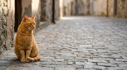 Ginger cat sitting on a rustic cobblestone street in a village
