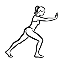 Fototapeta premium Woman stretching calves. Minimalist line art illustration of fitness exercise. Vector outline graphic isolated on transparent background