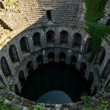 Ancient stone bridge with arches over water.