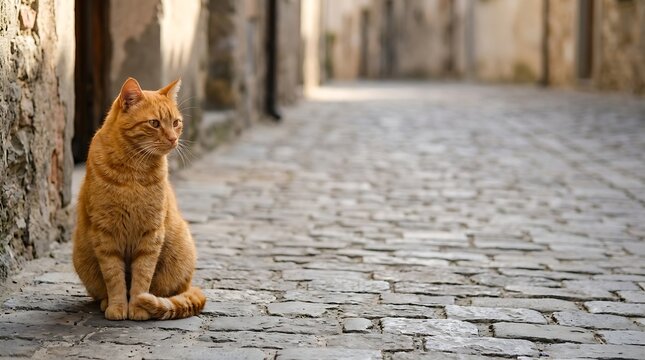 Ginger cat sitting on a rustic cobblestone street in a village