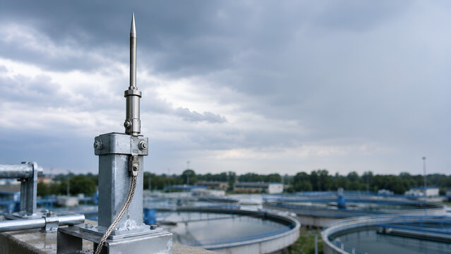 Close Up Lightning Protection Mast at Water Treatment Plant Infrastructure Against Storm and Electrical Hazards