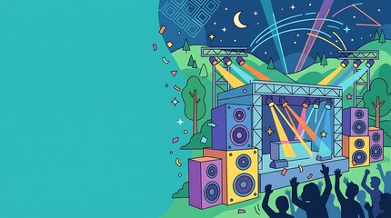 Energetic music festival stage under the night sky with crowd
