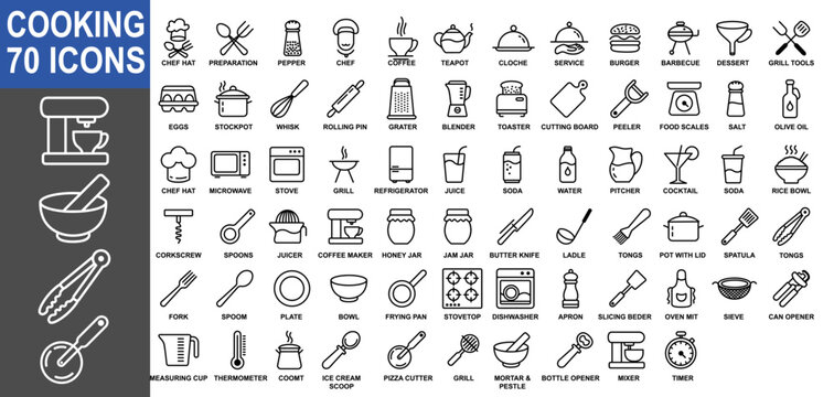 Modern Cooking and Kitchen Line Icons Collection &ndash; Food Equipment and Culinary Tools Set