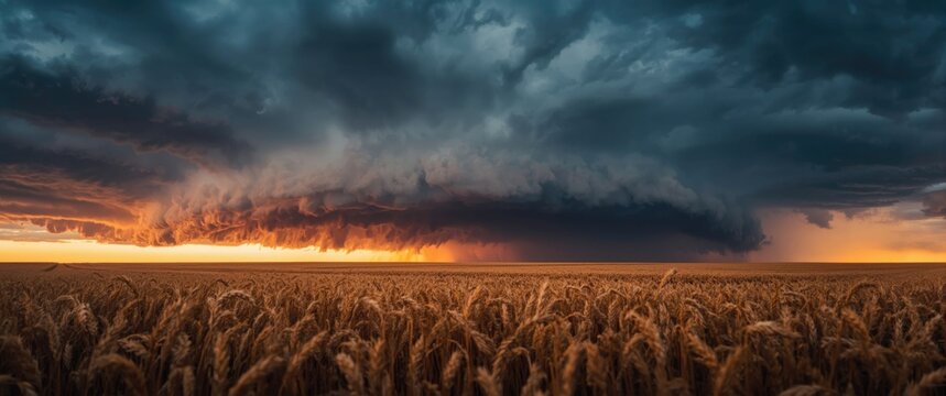 Swirling mesocyclones and heavy dark clouds loom above ripe wheat at sunset