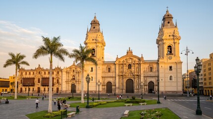 Obraz premium Historical colonial architecture and urban tourism, the Cathedral of Lima in the Plaza Mayor, representing cultural heritage and travel destinations in Peru