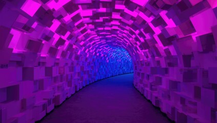 Innovative architecture featuring a colorful tunnel of cubes in violet magenta and electric blue for art event