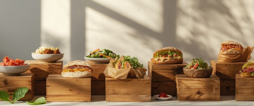 Self serve food display of sandwiches and salad with artisan bread on wooden boxes at corporate morning tea