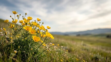 Yellow wildflowers blooming in a green meadow under a bright sky © Garina
