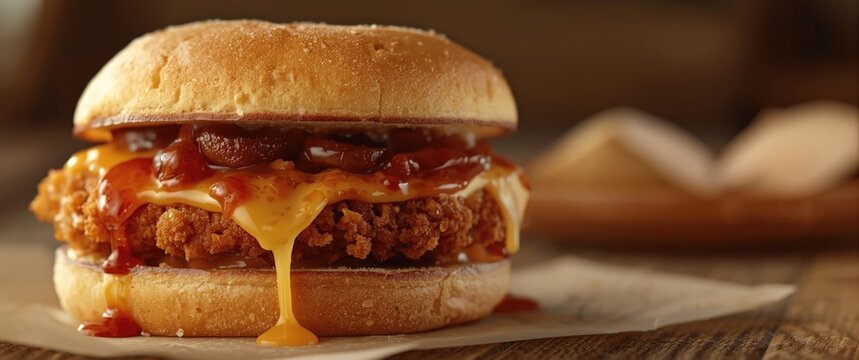 Delicious fried chicken sandwich layered with melted cheese and flavorful sauce in a donut bun