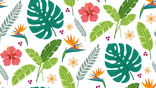 Seamless pattern with tropical leaves and exotic flowers in pixel art style