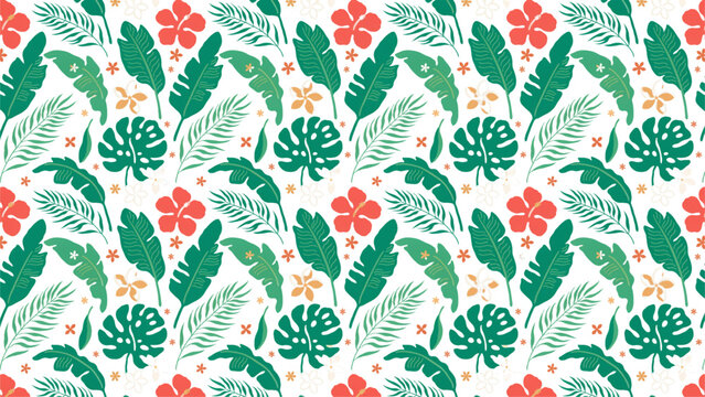 Seamless pattern with pixel art flowers and tropical leaves in red and green colors