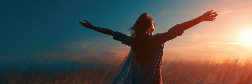 A silhouette of a mature woman stands with arms wide in a large open space at sunset, feeling liberated and embracing a new chapter in life.