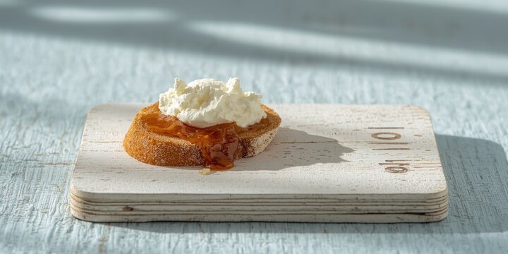 Rustic white wood board topped with apple preserve and ricotta toast on pale blue textured background