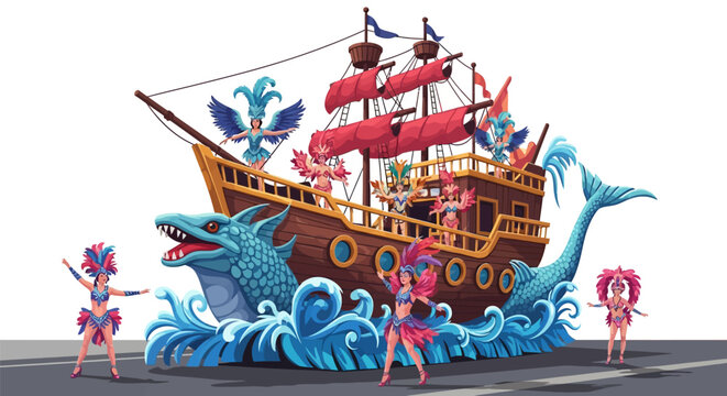 Carnival Parade Float with Dancers and Dragon Ship. A vibrant carnival parade float features dancers in elaborate costumes on a dragon-shaped ship.
