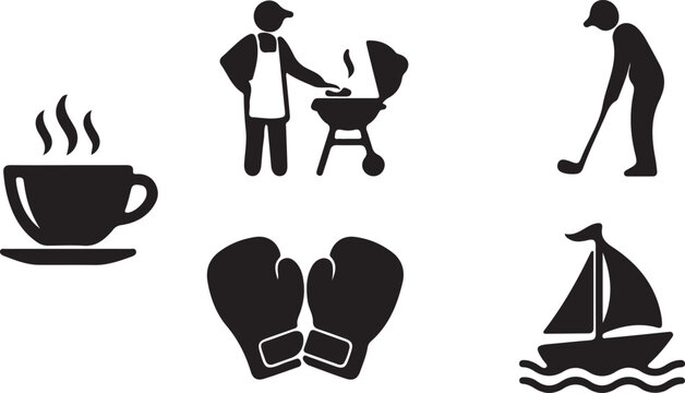 Black icons of coffee, grilling, golfing, boxing gloves, and sailing