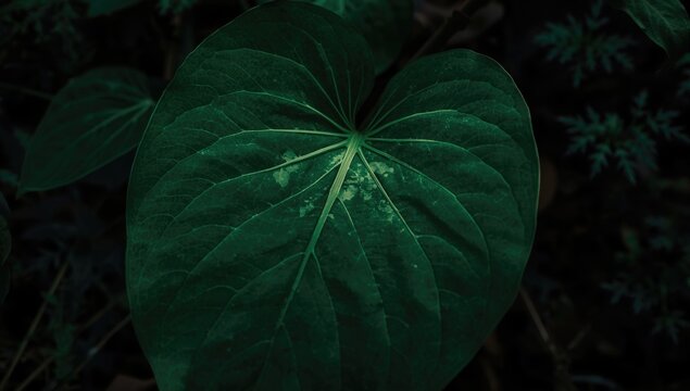 Large green leaf with prominent veins on dark background