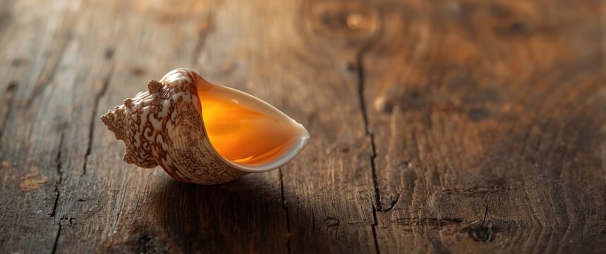 Natural Tridacna mollusc shell displayed on a rustic wood tabletop with visible grain
