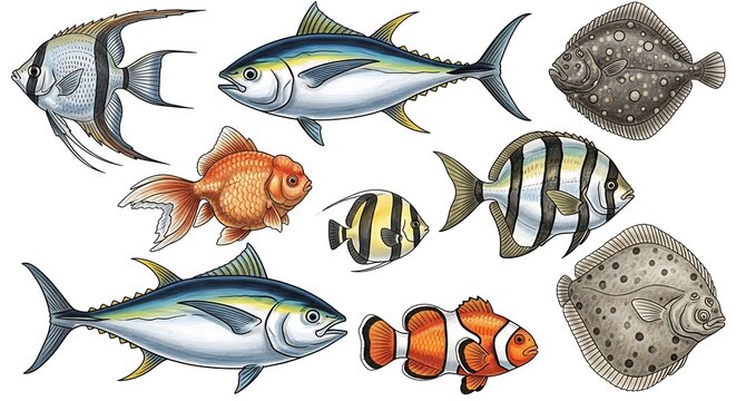 Assorted seafood and fishing gear on white.