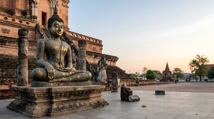 Obraz premium Ancient seated buddha statue at sunset in a historic thai temple