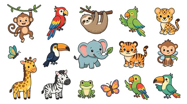 Set of cute cartoon jungle animals including a monkey parrot sloth elephant tiger giraffe zebra frog and colorful butterflies