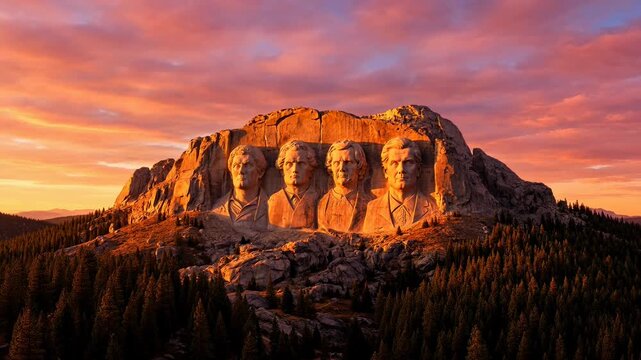 Mount Rushmore National Memorial featuring the carved faces of four American presidents at sunrise.