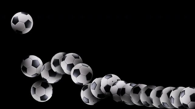 Multiple 3D soccer balls bouncing and piling up with transparent background alpha channel as a seamless loop overlay, fun sport football animation for match day broadcast and social media content 16:9