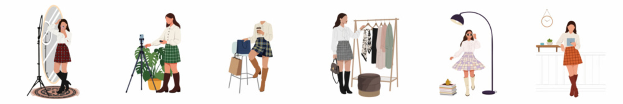 A young woman fashion blogger and influencer in different scenes including content creation, shopping, and browsing a garment rack.