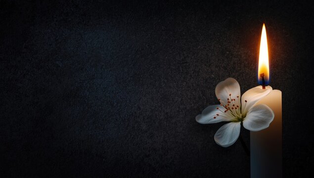 White blossom adjacent to bright candle flame on dark textured background with copy space