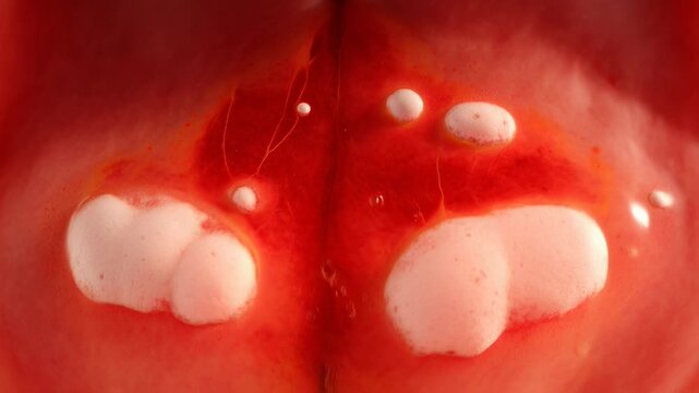 Close up view of white spots or sores inside a human mouth.
