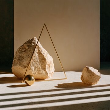 Still life with rough stone, geometric shapes, and shadow play
