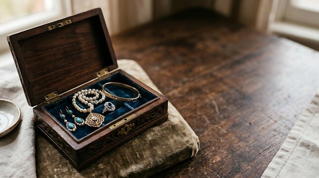 Vintage wooden jewelry box with antique pearls and gold accessories