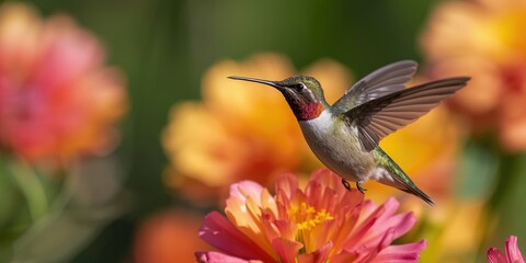 Obraz premium Hummingbird hovering over colorful flowers in a garden