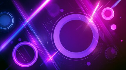 Fototapeta premium Dynamic futuristic neon background with glowing lines circles and abstract geometric elements, vibrant purple pink blue lighting on dark gradient backdrop for technology gaming music and sci fi themes