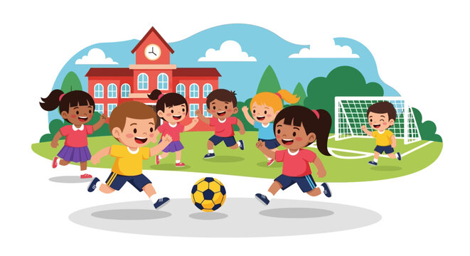 Children Playing Soccer Together Outdoors.