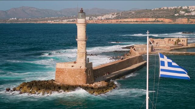 Chania lighthouse in Crete island Greece with Greek flag in foreground. Scenic historic Venetian harbor architecture at sunny summer day. Beautiful Mediterranean coastal travel drone footage