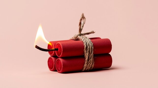 Red dynamite sticks tied together with rope and a lit fuse on a pink background, symbolizing danger and a countdown