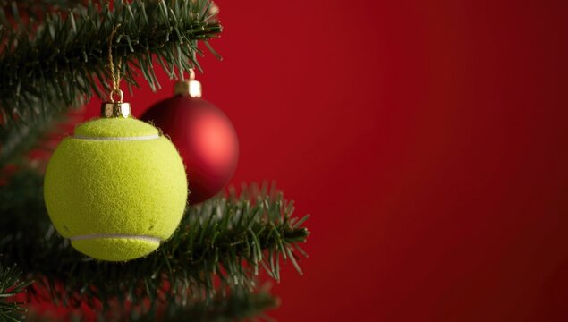 Joyful winter sports celebration with tennis ball decoration on fir tree branch and rich red background