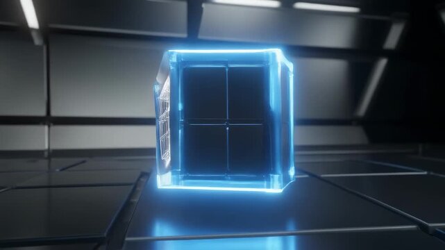 Abstract blue wireframe cube rotating in dark space