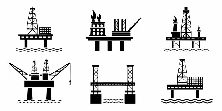 Oil Rig Silhouettes With Waves Black And White Graphic