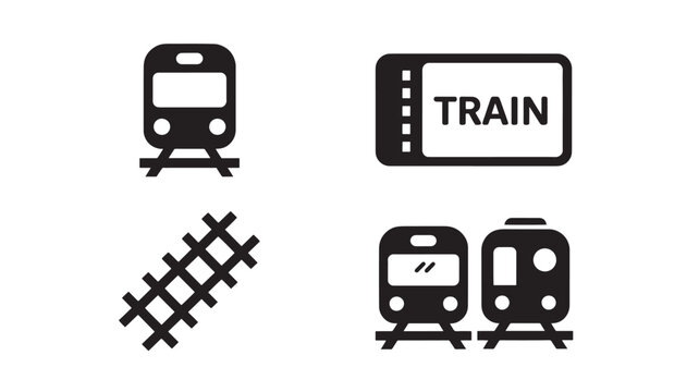 Train transportation icons featuring a locomotive, a ticket, and parallel railway tracks are displayed as a set of flat vector graphics.