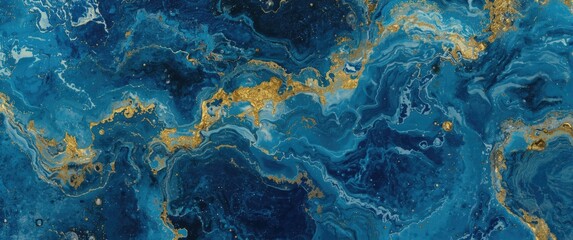 Fototapeta premium High detail closeup of a marble landscape painting in electric blue and gold with flowing water and wave effects