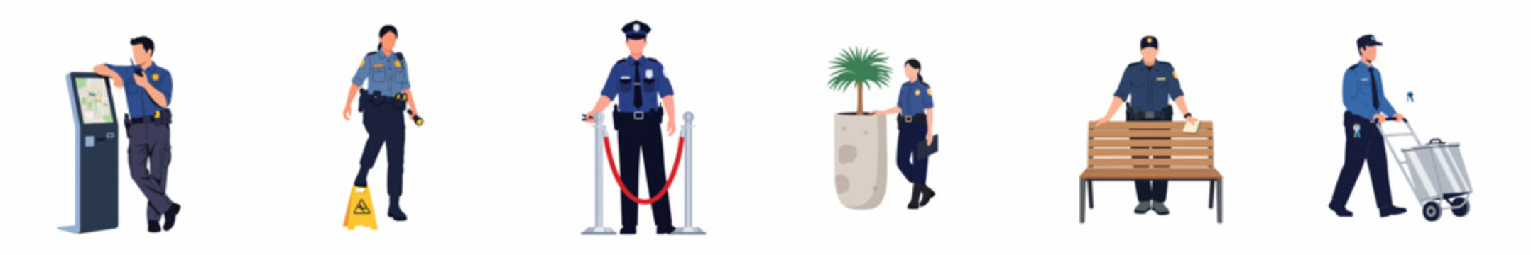 Set of security guard characters in different professional situations and poses, flat vector illustration isolated on white background