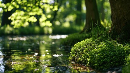 Fototapeta premium Lush green mossy bank beside still water in dappled sunlight