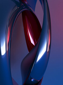 Abstract 3D metallic fluid curves with neon blue and red chrome reflections