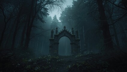 Obraz premium Toon inspired dark forest with an ancient archway and mist creating a magical background
